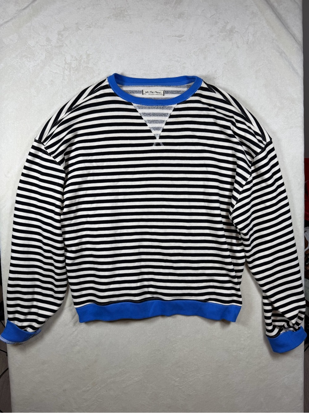 We The Free Size Small Black & White Striped Crewneck Sweater with Blue Trim